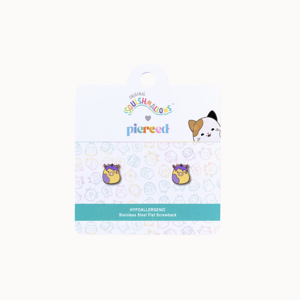Squishmallows earrings on a branded card with a white background