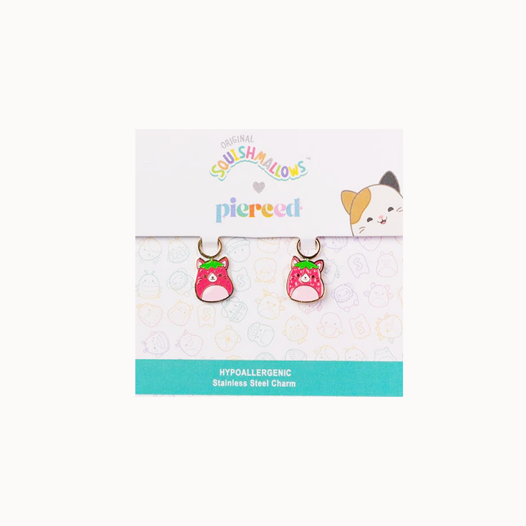 Squishmallows earrings on a branded card with a white background