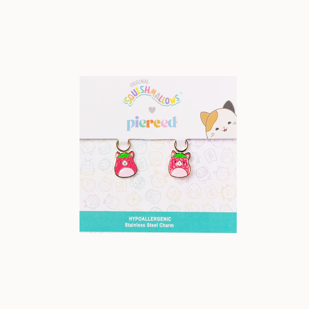 Squishmallows earrings on a branded card with a white background