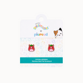 Squishmallows earrings on a branded card with a colorful background
