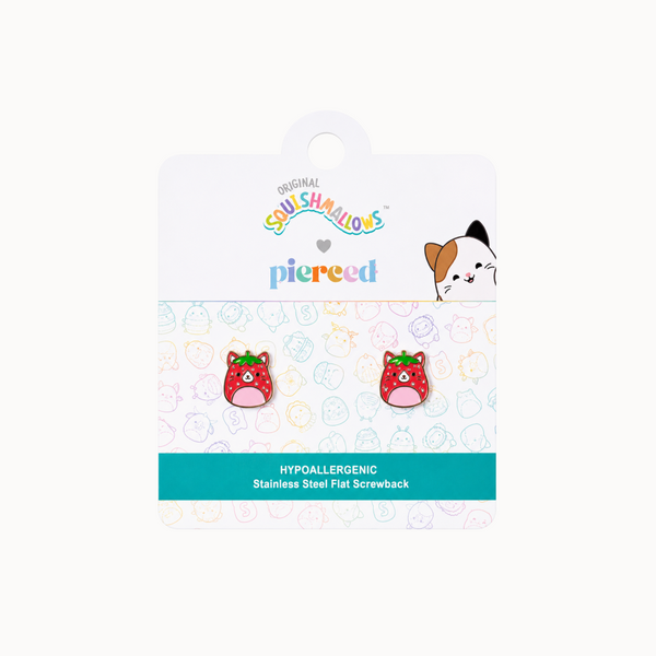 Squishmallows earrings on a branded card with a colorful background