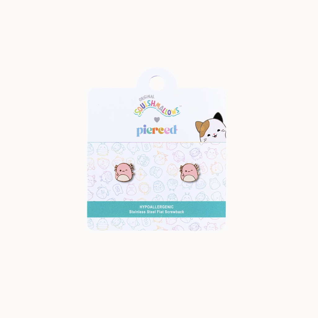 Squishmallows earrings packaging with white background