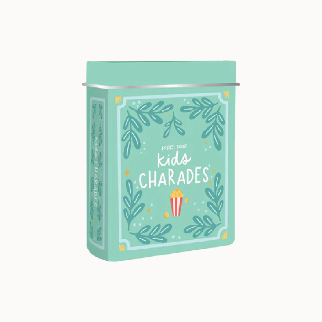 Teal box of 'kids Charades' game by pippi post on a white background
