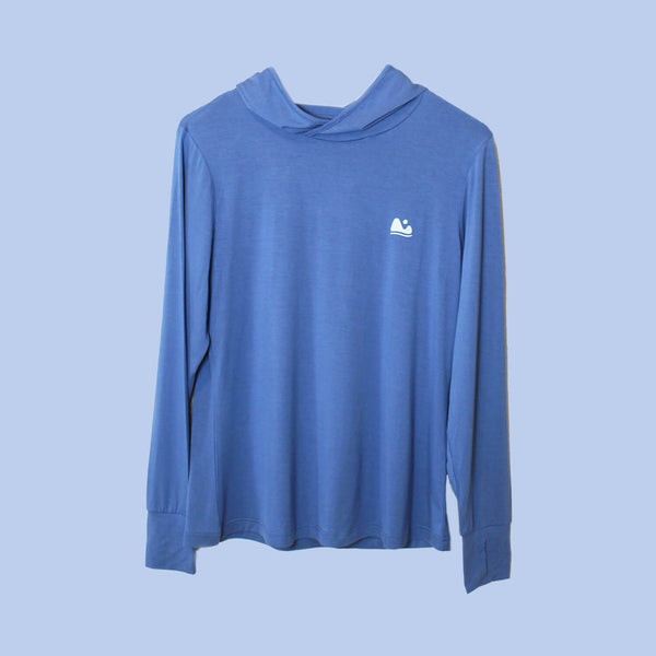 Blue long-sleeve shirt with a logo on a light blue background