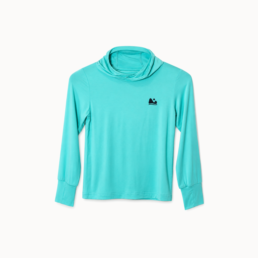 Turquoise long-sleeve shirt with a black logo on a hanger against a white background