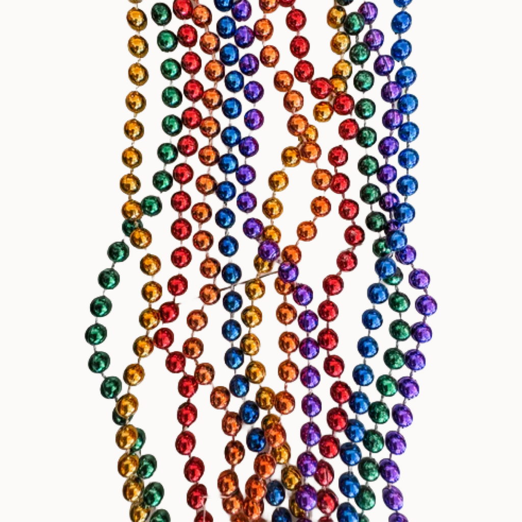 Rainbow-colored bead necklaces on a white background