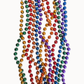Rainbow-colored bead necklaces on a white background