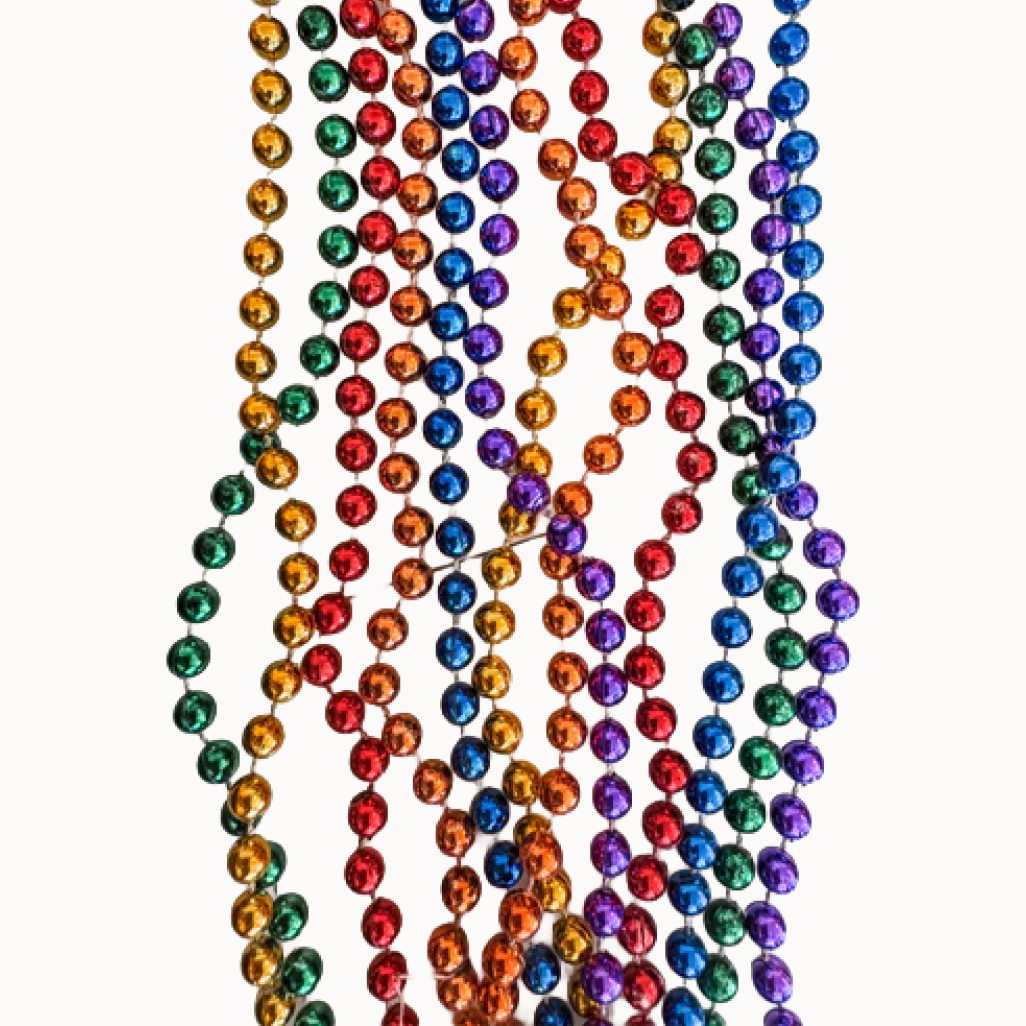 Rainbow-colored bead necklaces on a white background