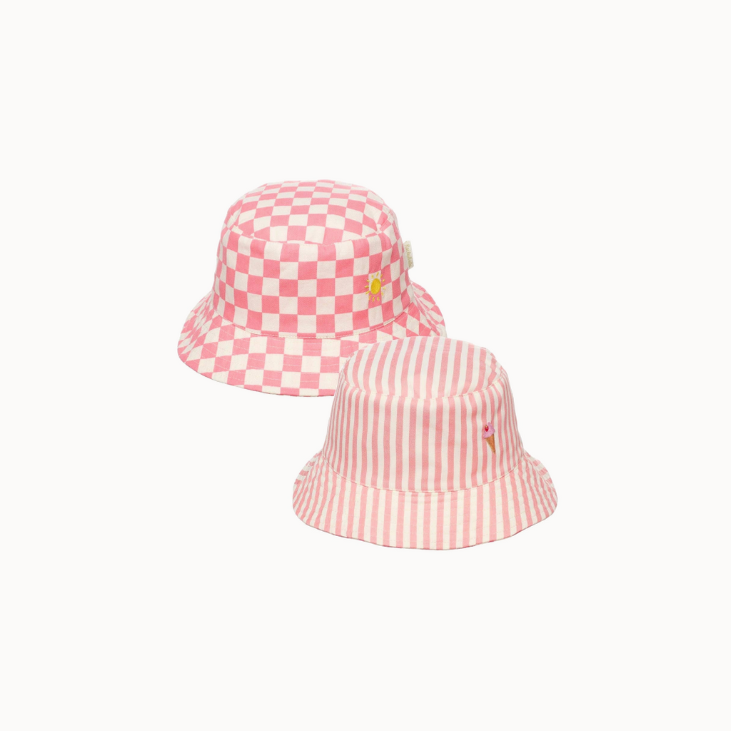 Two pink bucket hats, one checkered and one striped, on a white background.