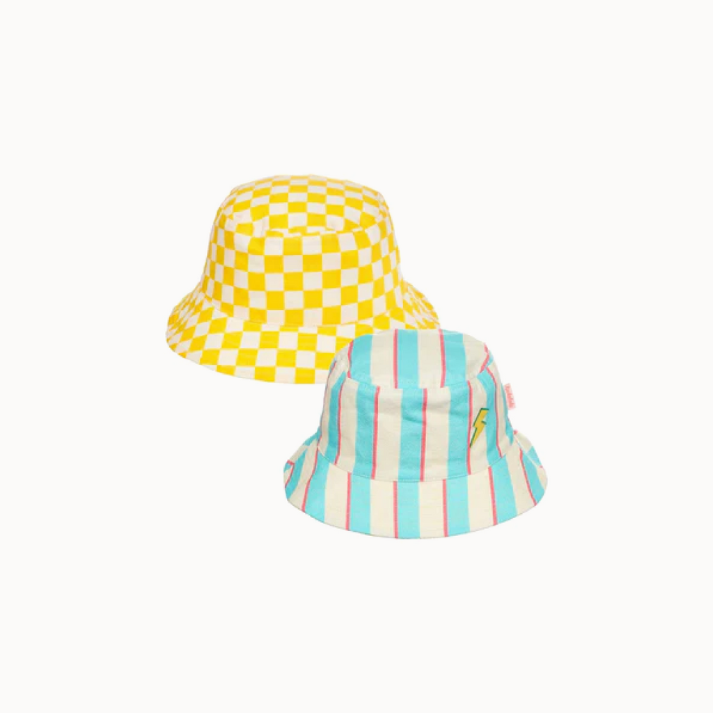 Two bucket hats, one yellow and white checkered, the other striped with blue and pink, on a white background.