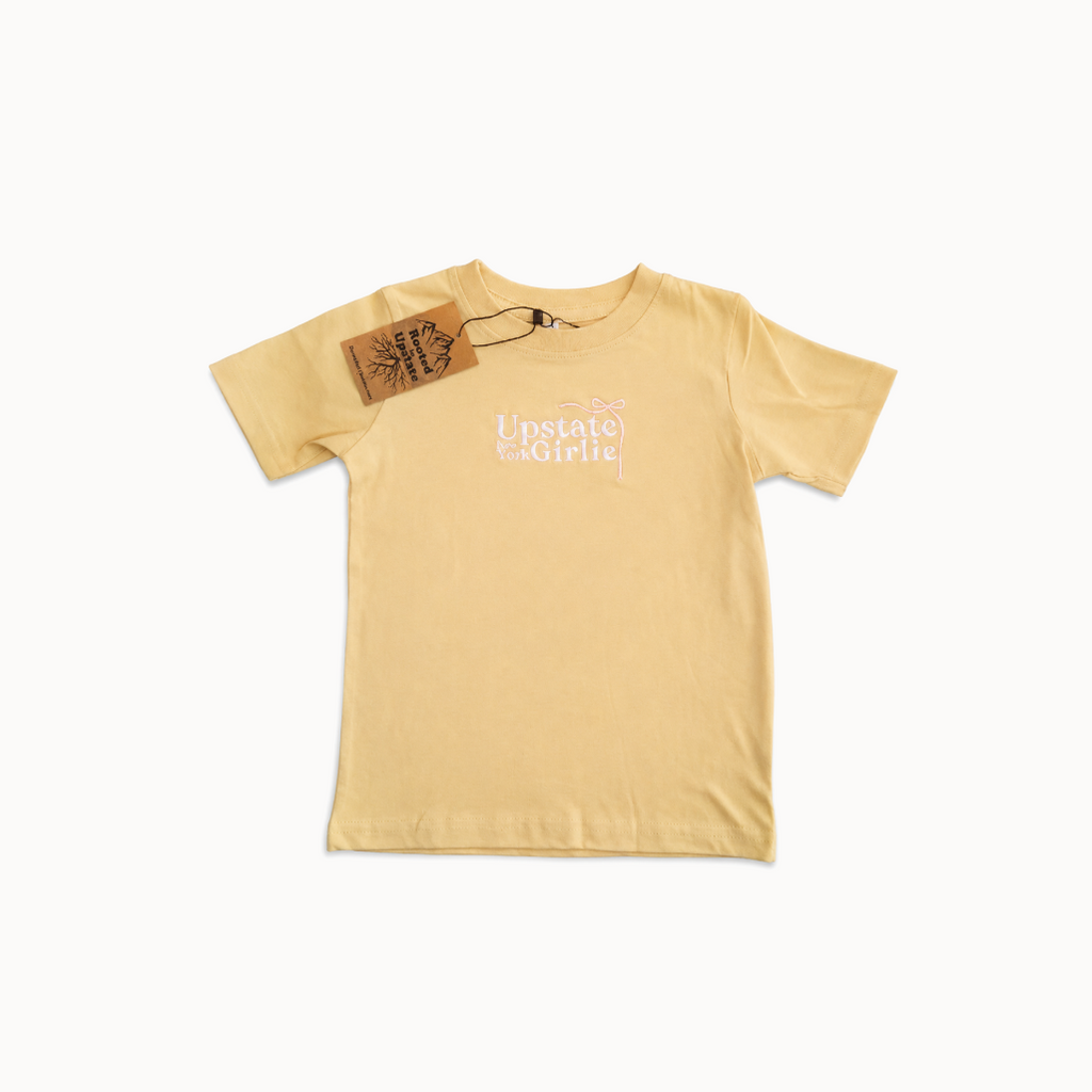 Beige t-shirt with text on a white background