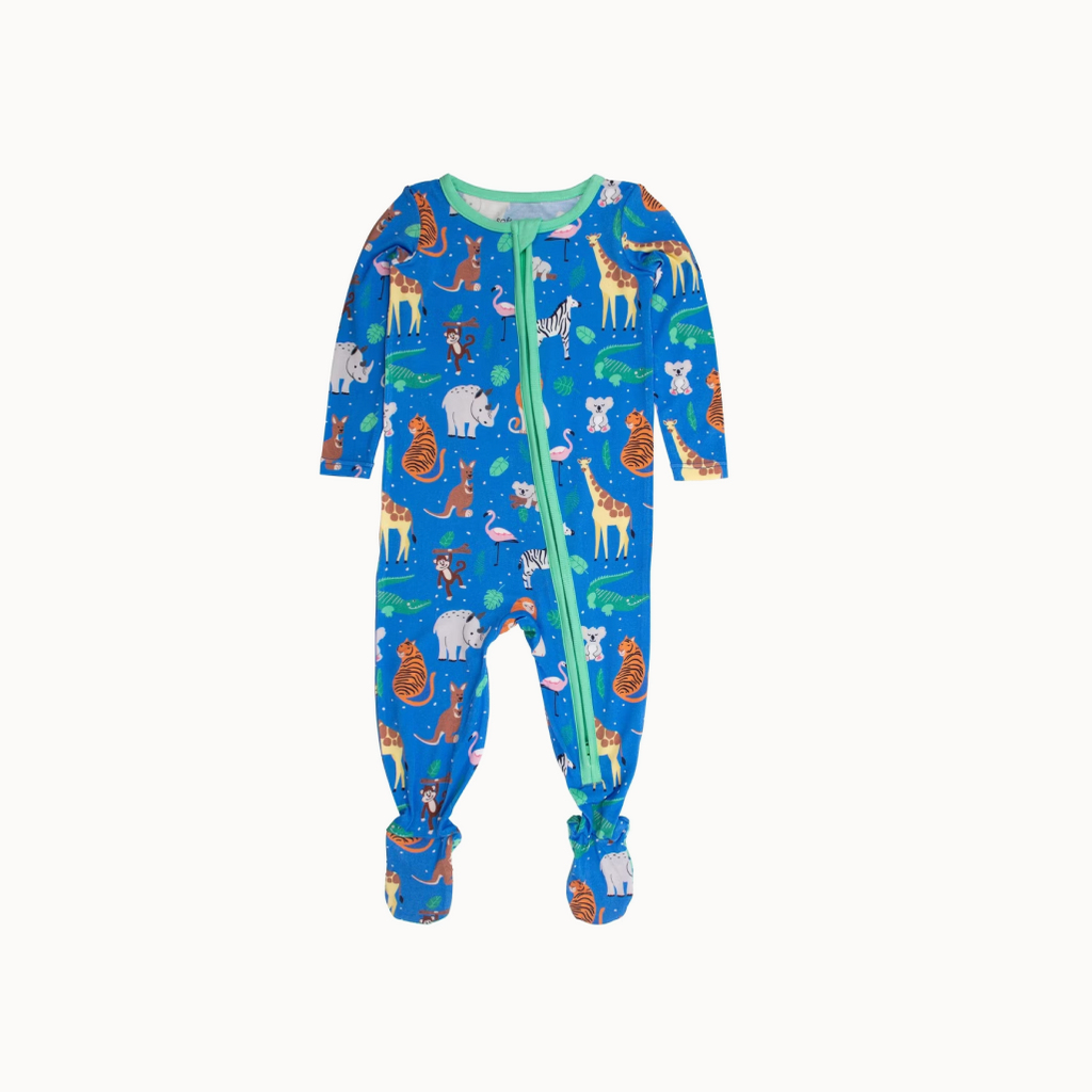 Children's onesie with animal pattern on a blue background