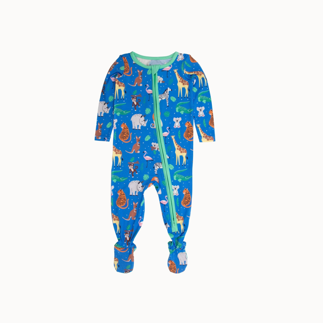 Children's onesie with animal pattern on a blue background