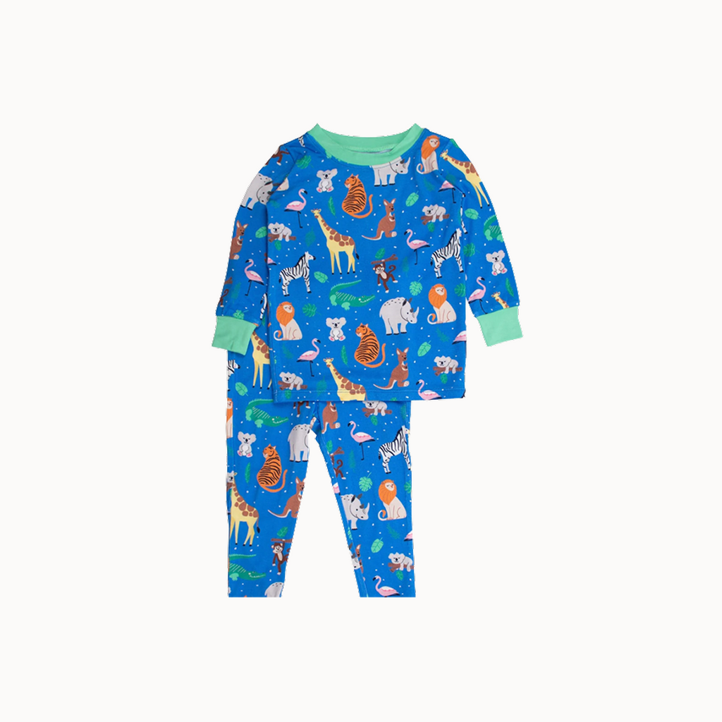 Children's pajama set with animal pattern on a white background