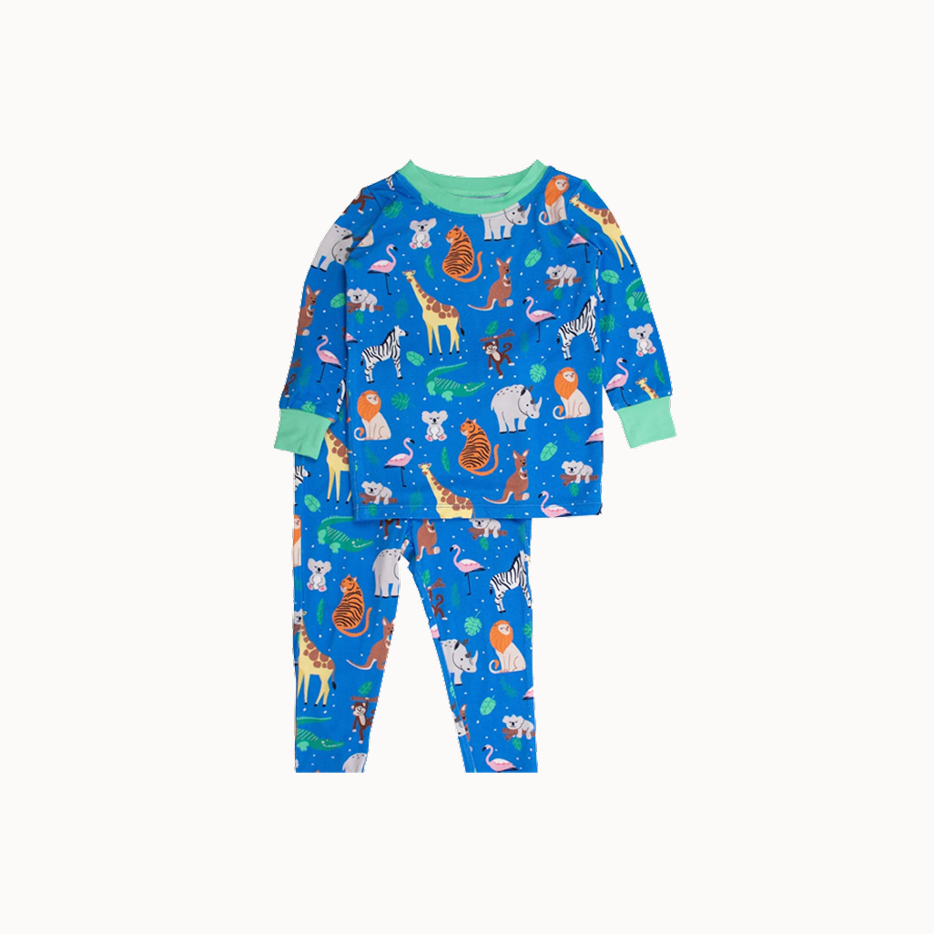 Children's pajama set with animal pattern on a white background