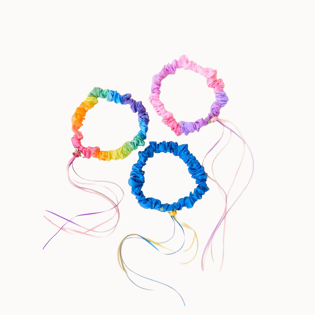 three silk garlands with ribbons on a white background 