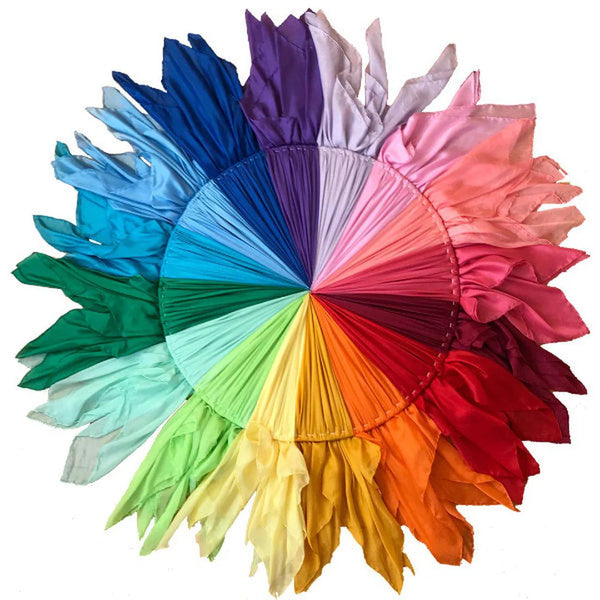 Colorful feather fan arranged in a circular pattern on a white background