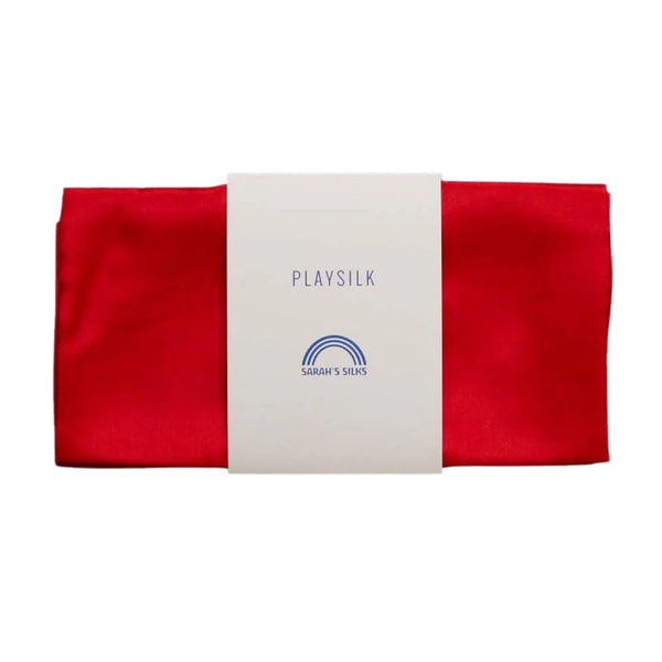 Red satin sheet with a white label displaying 'PLAYSILK' on a white background