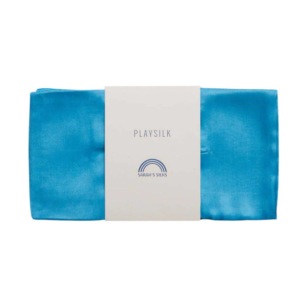 Blue satin fabric with 'Playsilk' branding on a white background