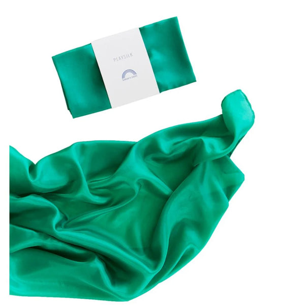 Green satin fabric with a branded box on a white background