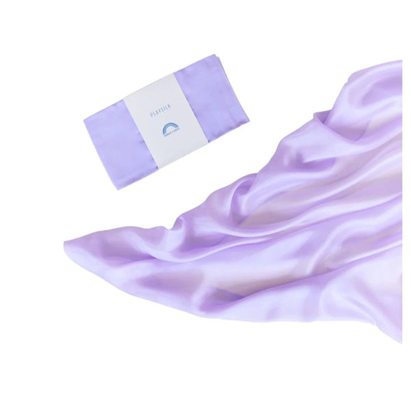 Lavender silk scarf with packaging on a white background