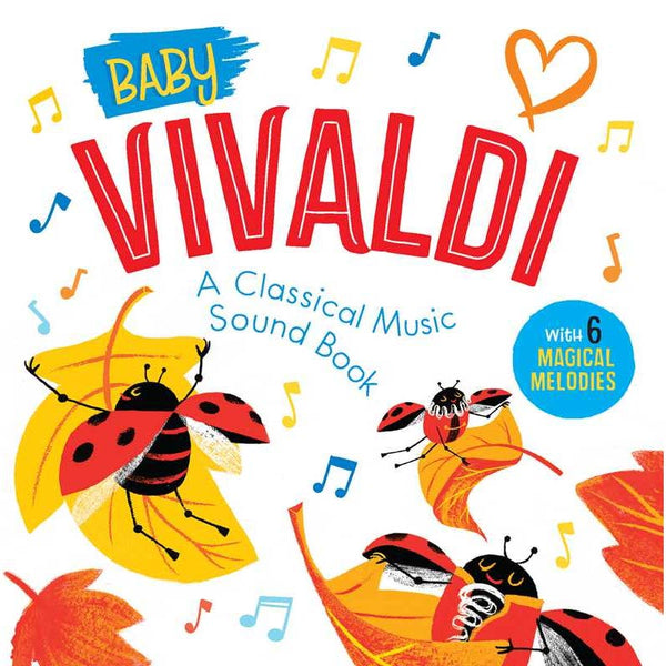 Book cover of 'Baby Vivaldi' with ladybugs and musical notes on a white background