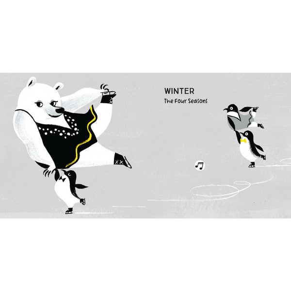 Illustration of a bear and penguin with 'Winter' text on a gray background