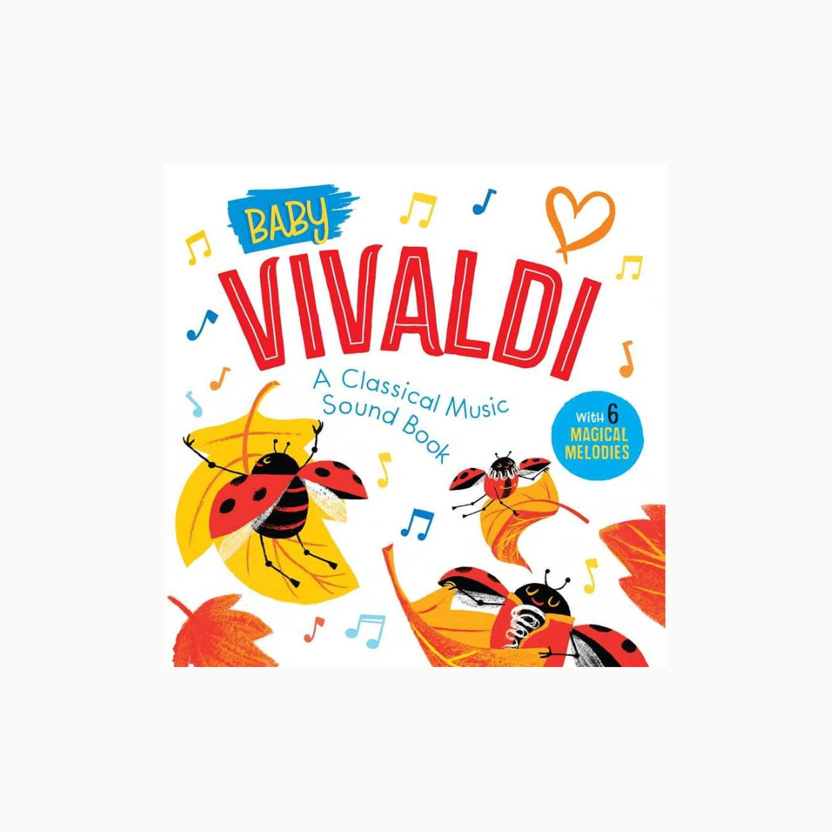Book cover of 'Baby Vivaldi' with ladybugs and musical notes on a white background