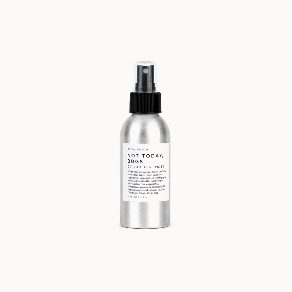 Silver spray bottle labeled 'Not Today, Bugs' on a white background