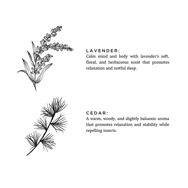 Illustrations of lavender and cedar branches with descriptive text on a white background