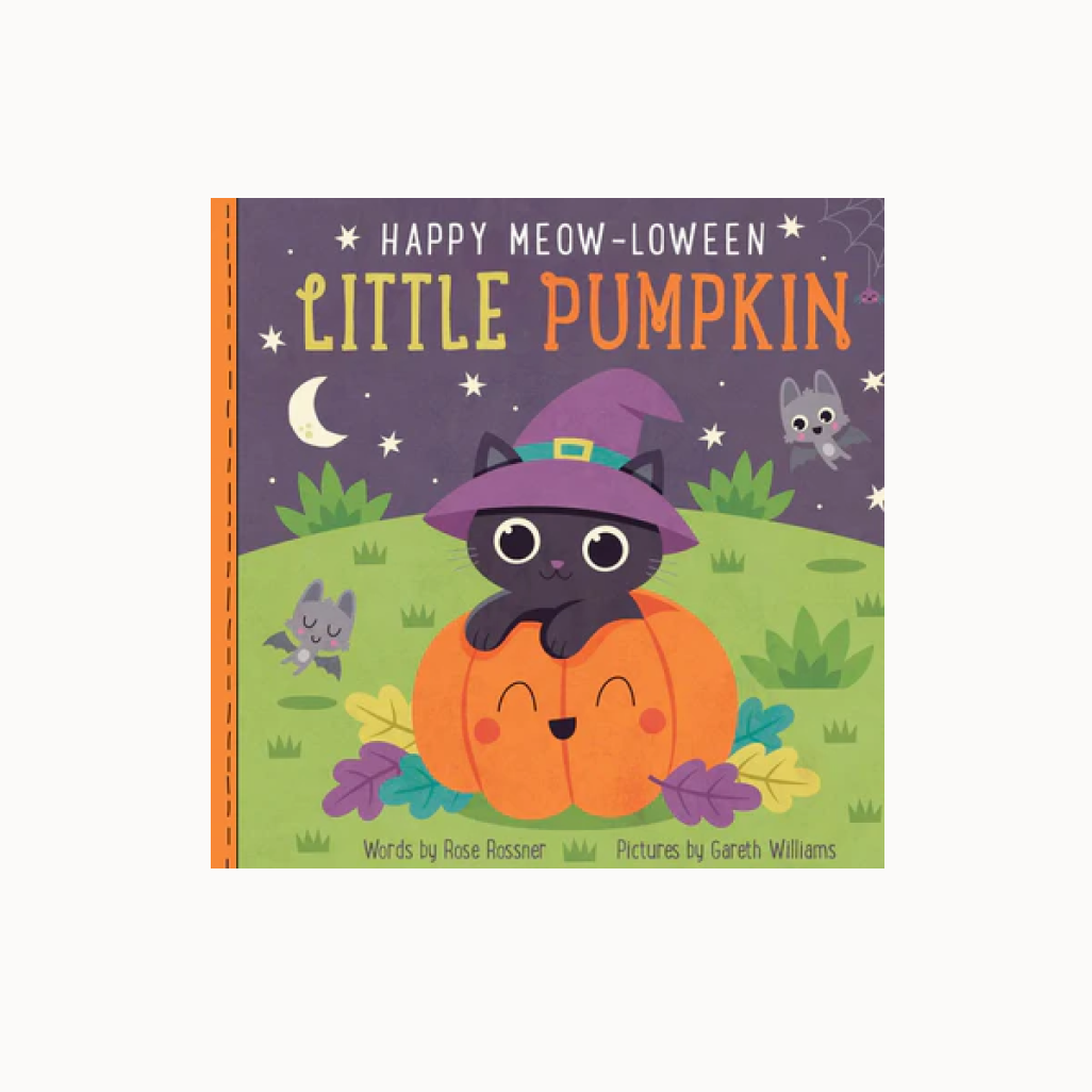 Happy Meow-loween Little Pumkin book cover of little black cat with purple witch hat in a pumpkin