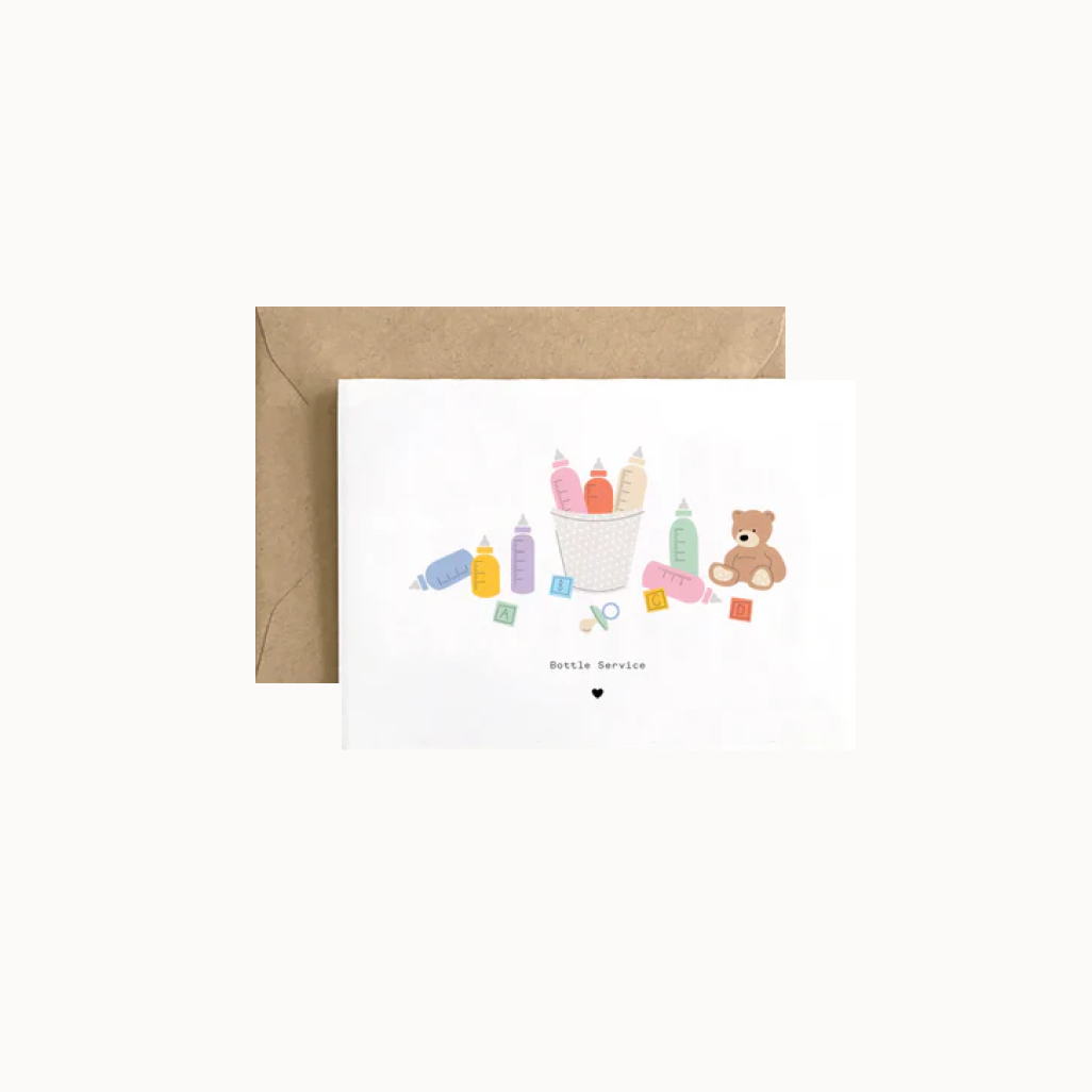 Greeting card with illustrations of bottles, a teddy bear, and text on a white background with a brown envelope.