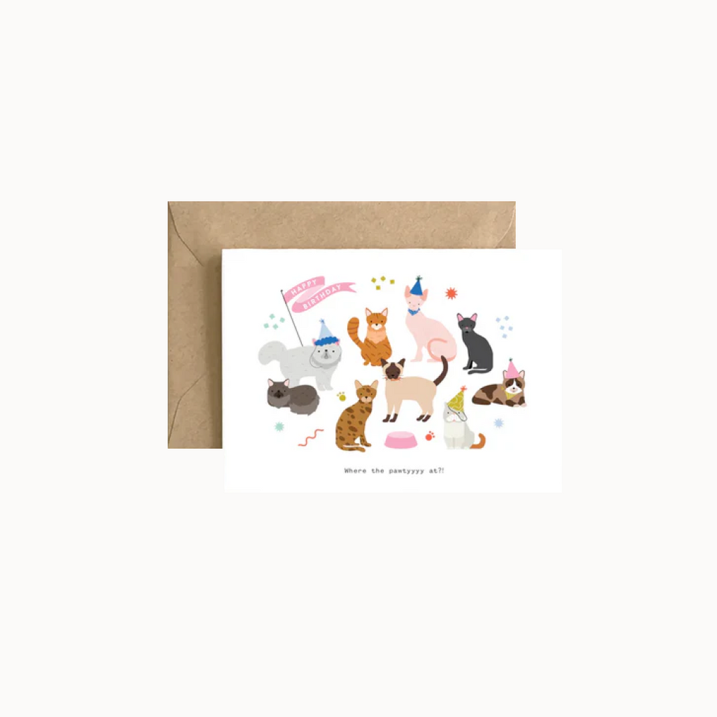 Greeting card with cartoon cats and a brown envelope on a light gray background
