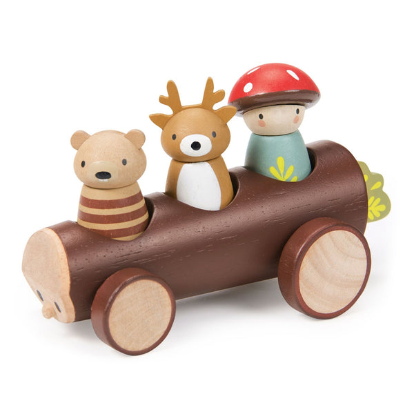 Wooden toy with three animal figures inside a log-shaped car on a white background