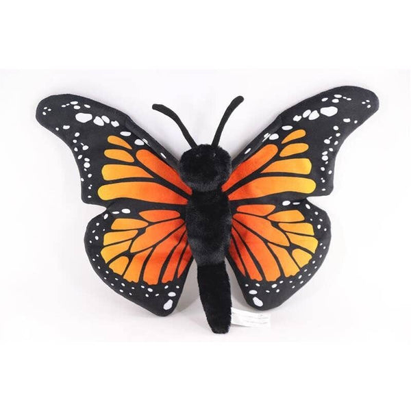 Plush butterfly toy with orange and black wings on a white background