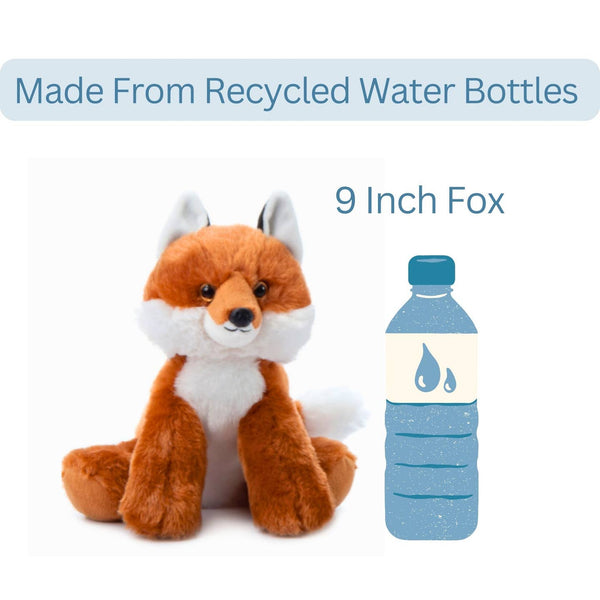 Plush fox toy next to a recycled water bottle on a white background