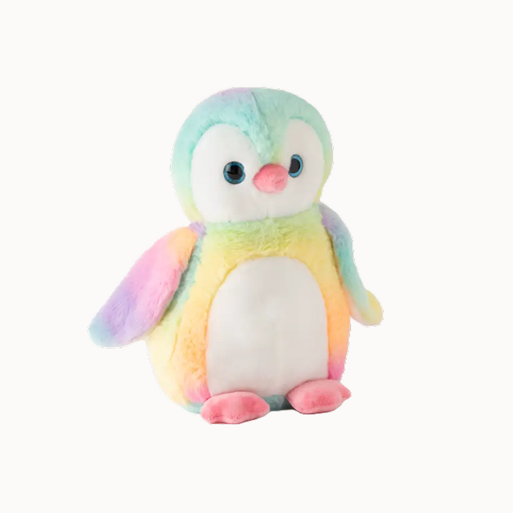 Stuffed penguin toy with a rainbow gradient on a white background