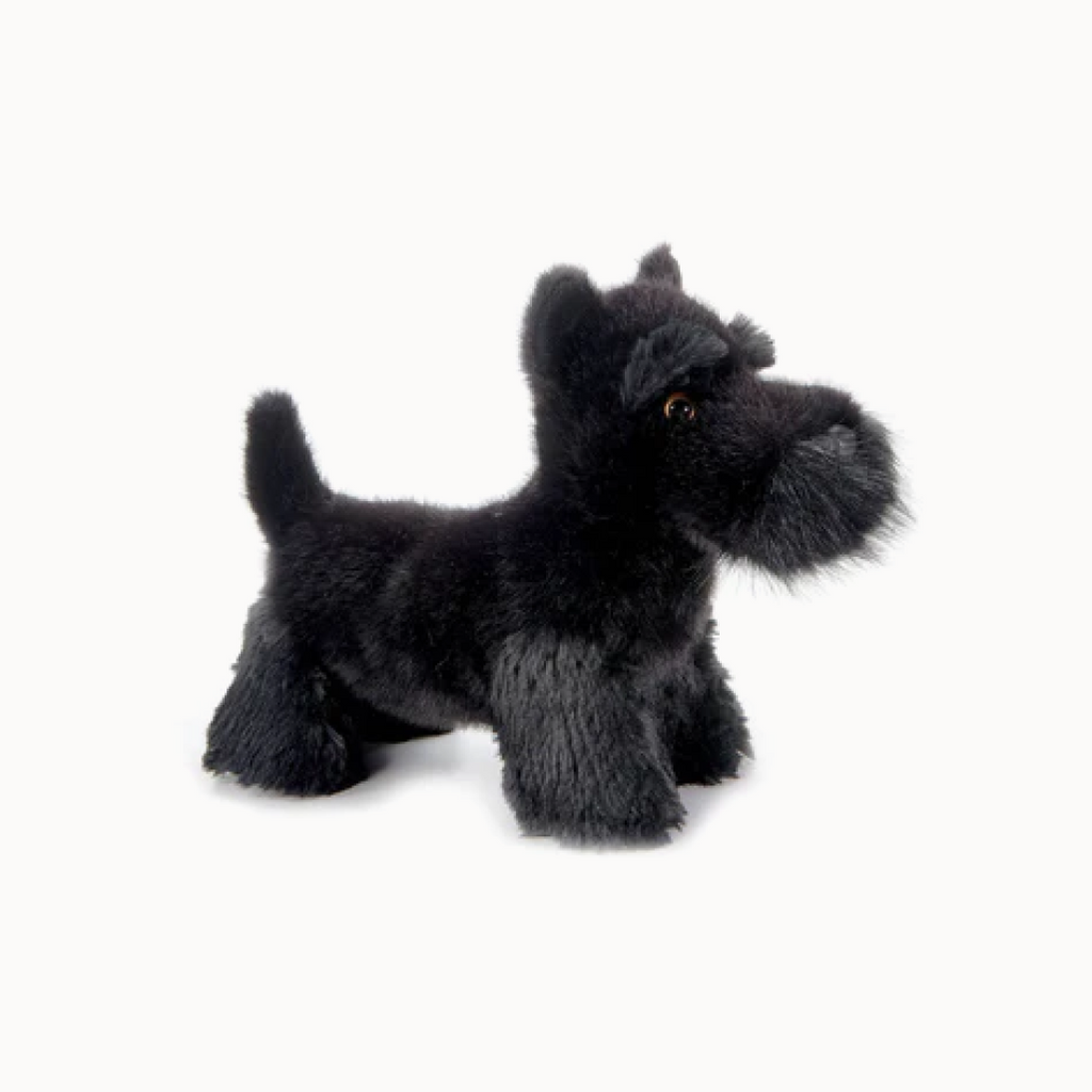 Plush toy of a black Scottish Terrier on a white background