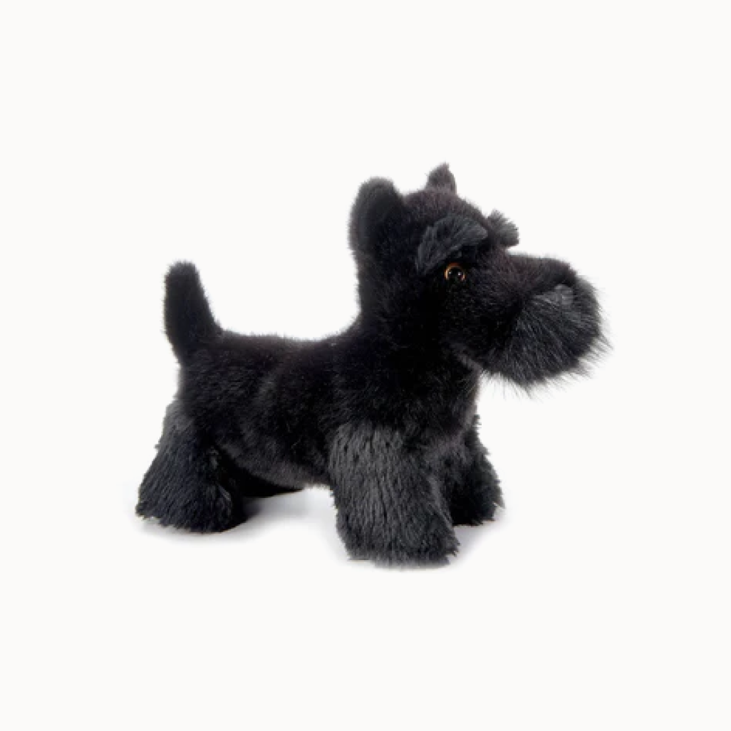 Plush toy of a black Scottish Terrier on a white background