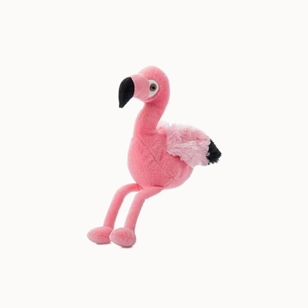 Pink flamingo plush toy on a white background