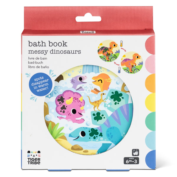 Packaging of a bath book titled 'Messy Dinosaurs' by Tiger Tribe with colorful dinosaur illustrations.