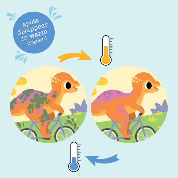 Illustration of a dinosaur with spots disappearing in warm water on a light blue background.