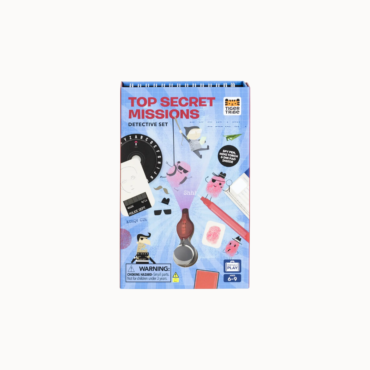 Top Secret Missions Detective Set toy box by Super Tots, featuring a light blue background with illustrations of mystery-solving tools and characters.