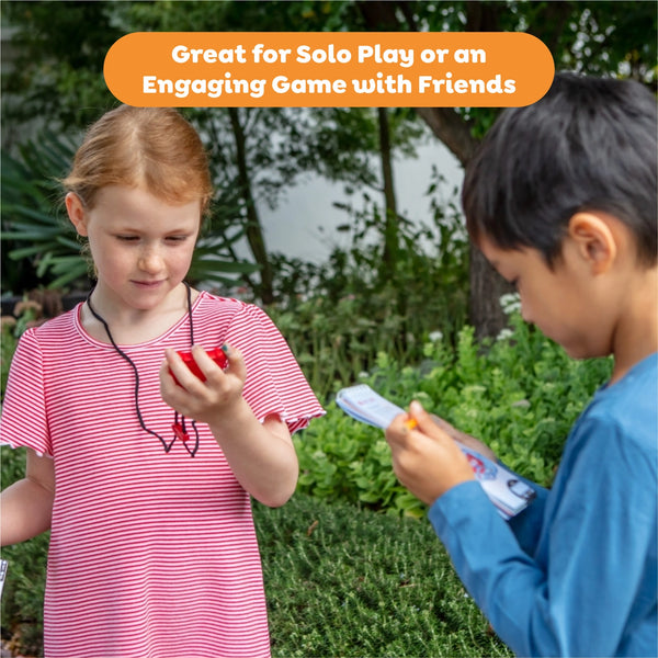 Two children playing with toys outdoors, surrounded by greenery.