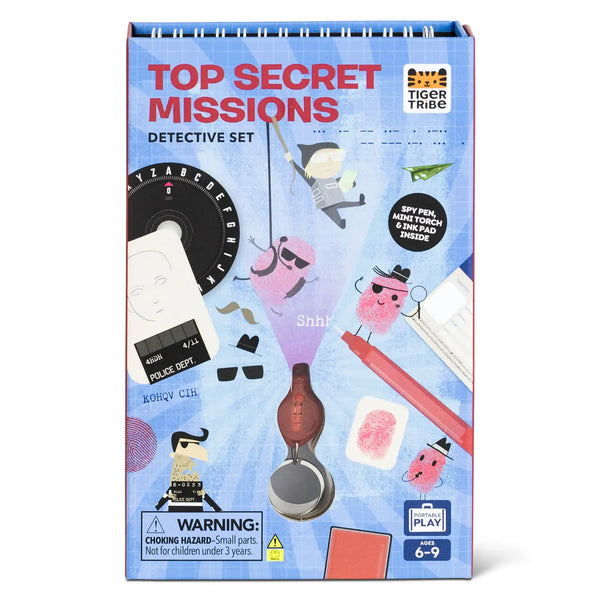 Top Secret Missions Detective Set packaging with spy-themed items on a blue background