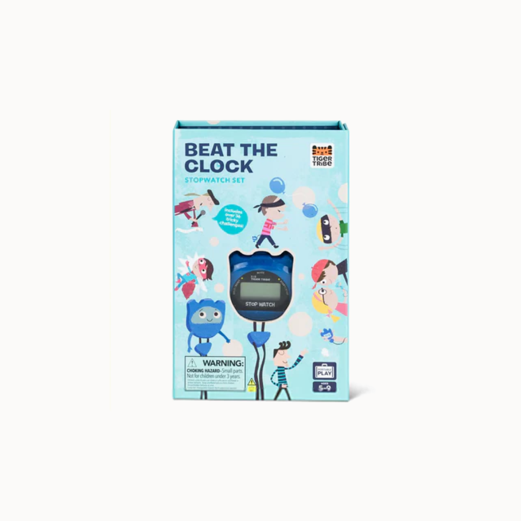 Box of 'Beat the Clock' stopwatch set by Tiger Tribe with colorful illustrations on a light blue background.