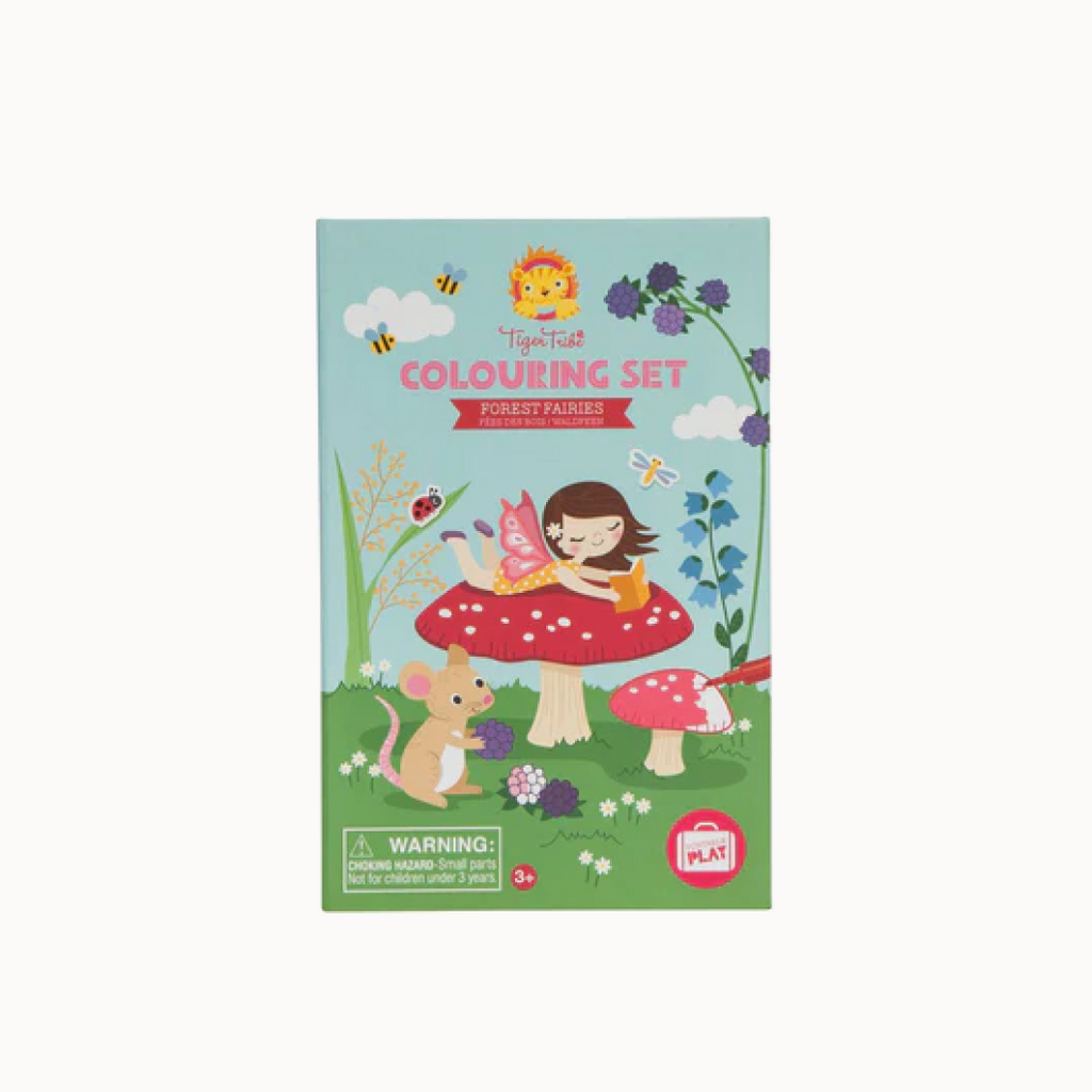 Colouring set packaging with a fairy on a mushroom and a mouse, featuring the Tiger Tribe brand.