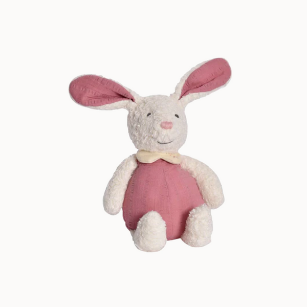 Plush rabbit toy with pink body and white ears on a white background