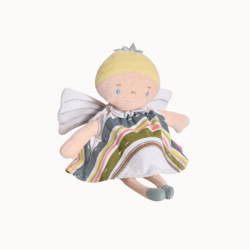 Toy fairy with a striped dress on a white background