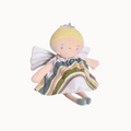 Toy fairy with a striped dress on a white background